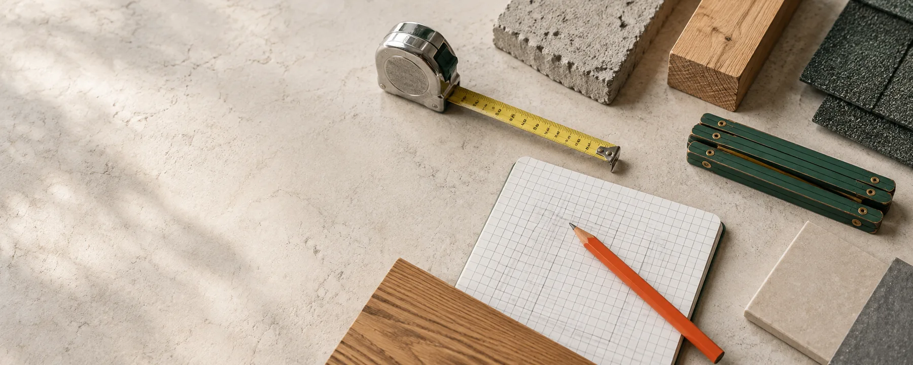 Measuring tools and material samples on a light workbench