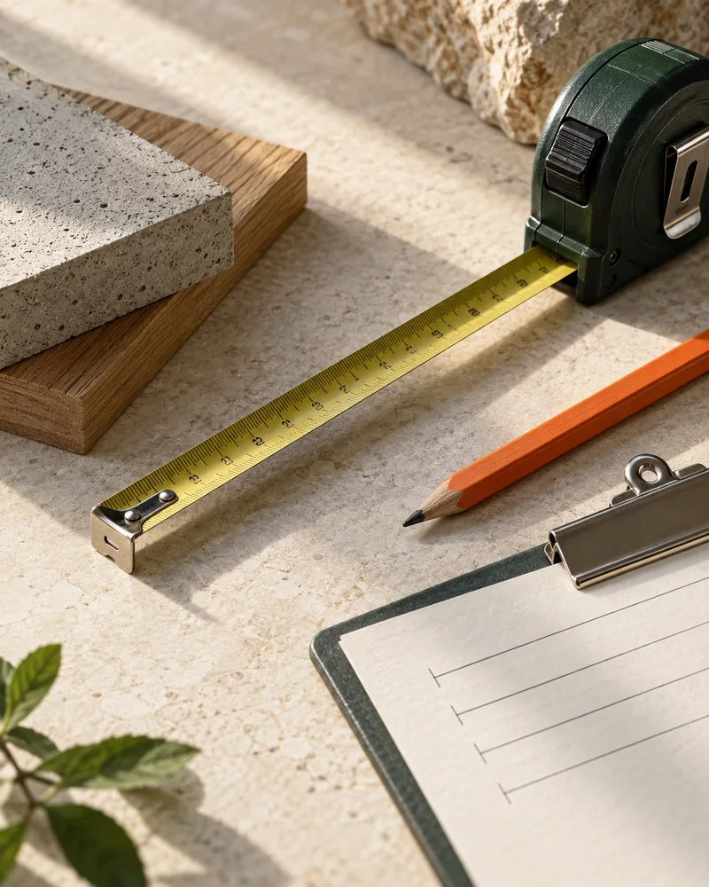 Tape measure, pencil, clipboard, concrete, and wood samples on a light work surface